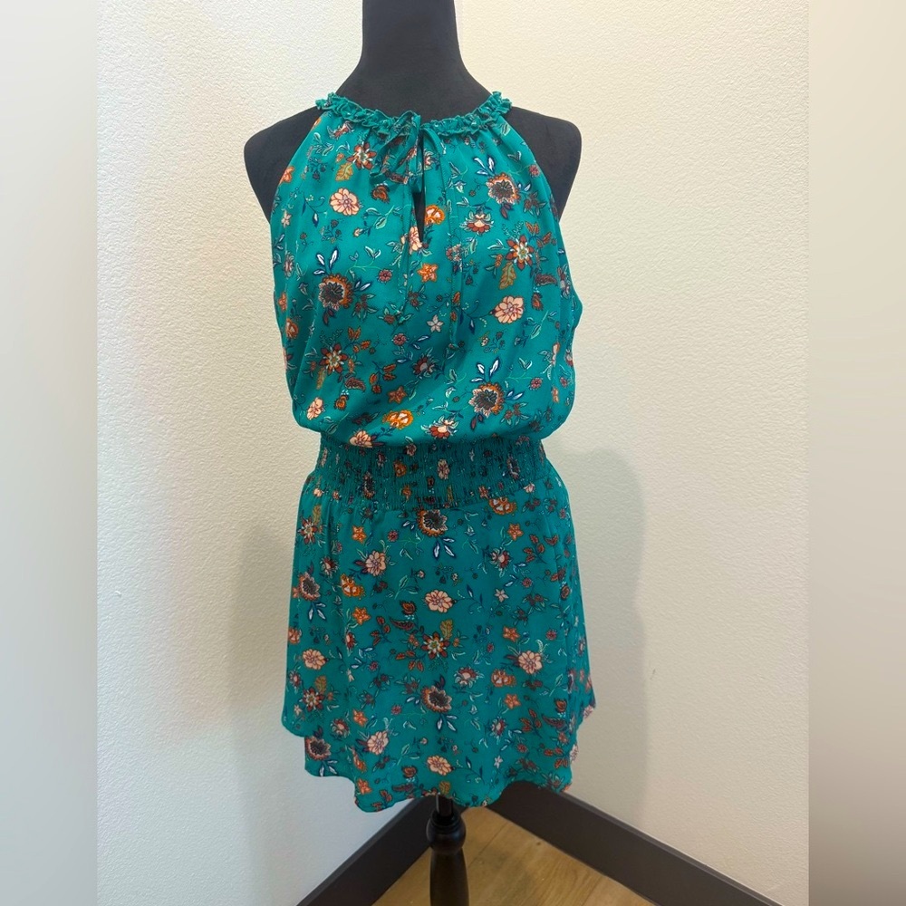 Miami Teal Floral Smocked Waist Halter Dress – Size M